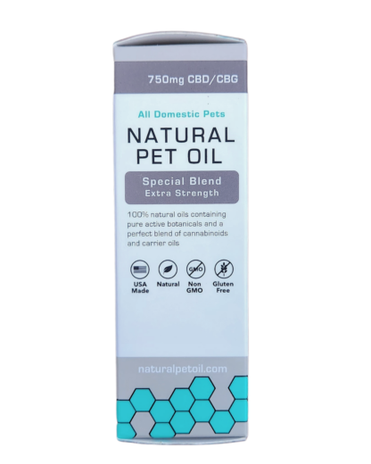 A brown bottle of premium CBD/CBG blend supplement for pets, labeled "750 MG CBD/CBG Blend for Pets" in bold letters. The bottle features a dropper cap and contains a liquid with a clear, amber color. The supplement is formulated with high-quality oil, fish oil, and MCT oil, potentially providing a range of health benefits for pets and promoting their overall wellness and vitality. The label includes an image of a happy dog, suggesting the product is suitable for dogs.